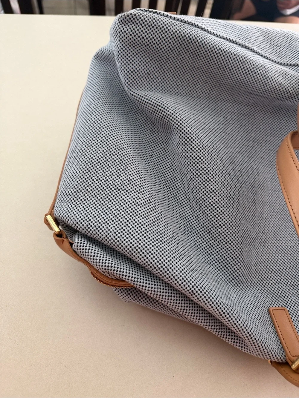 Tory Burch Light Blue Canvas Weekender with Tan Leather Logo